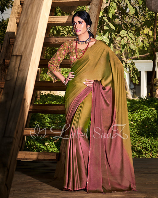 Mehendi Rust Chiffon Saree with Floral Blouse