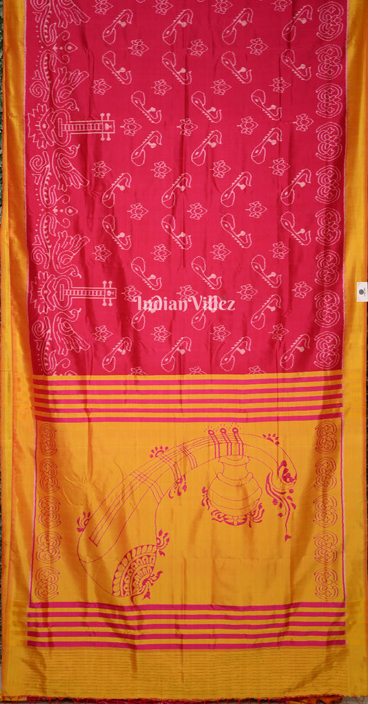 Rani Pink Mustard Yellow Veena Motif Contemporary Designer Silk Saree