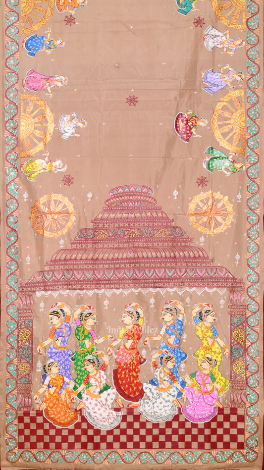Beige Cream maroon Nataki Konark Temple Hand-Painted Pattachitra Saree