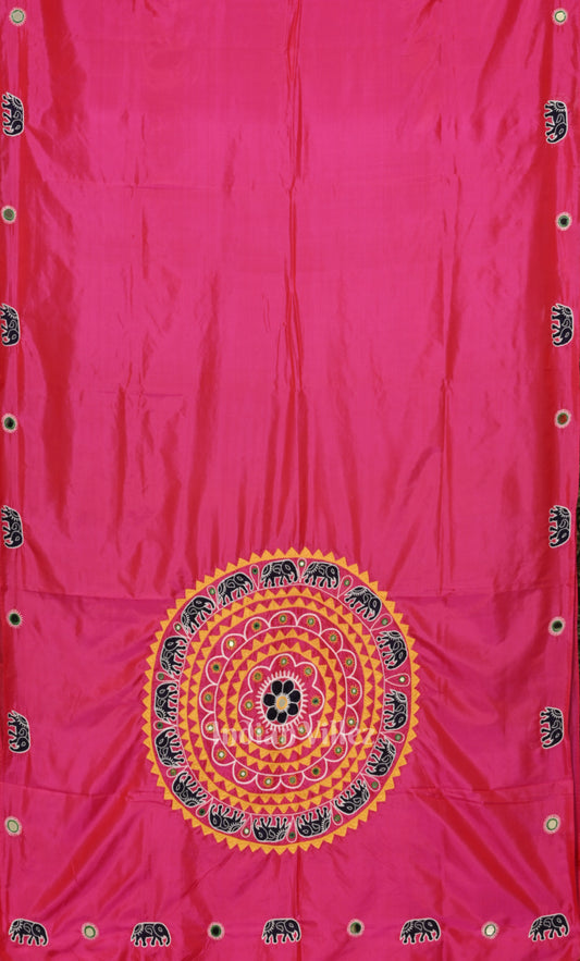 Rani Pink Applique Work Hand Embroidered Saree
