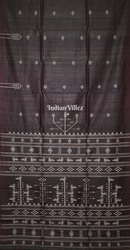 Black Gopalpur Tussar Silk Saree Inspired by Ganjam Bomkai Theme