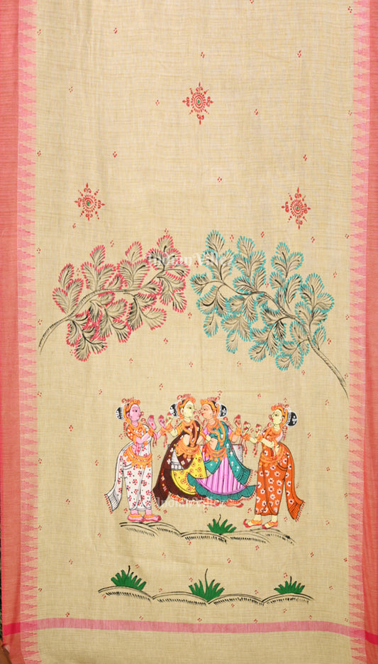 Cream Pink dancing Sakhi Hand-Painted Tussar Pattachitra Dupatta