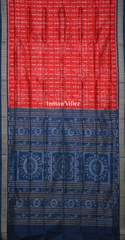 Red Blue Tribal Theme Odisha Ikat Sambalpuri Silk Saree