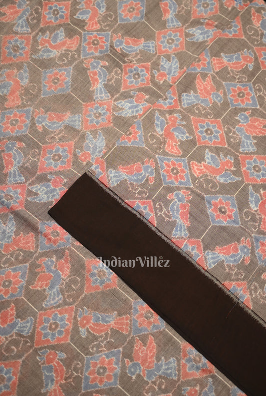 Gray Floral Bird Theme Sambalpuri Odisha Ikat Cotton Fabric