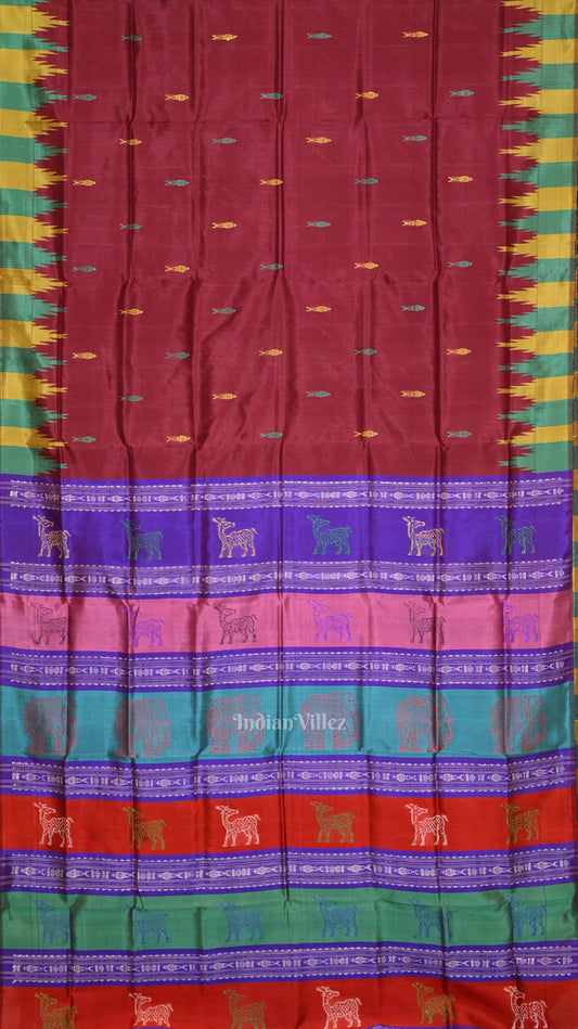 Maroon with Multicolor Double Pallu Phoda Kumbha Fish Motif Berhampuri Silk Saree