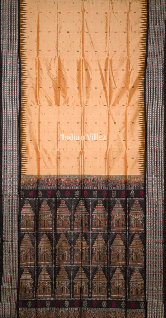 Beige Black Odisha Ikat Bomkai Sambalpuri Silk Saree with Konark Wheel Anchal