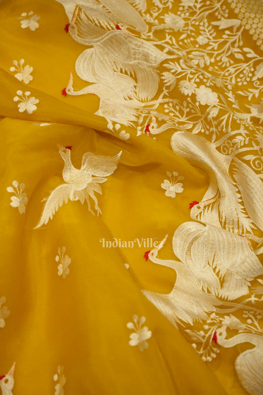 Yellow Parsi Gara Floral Motif Hand Embroidered Saree