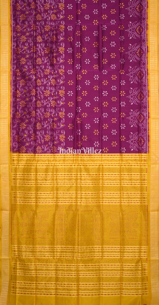 Purple Mustard Yellow Flower Motif Odisha Ikat Sambalpuri Silk Saree