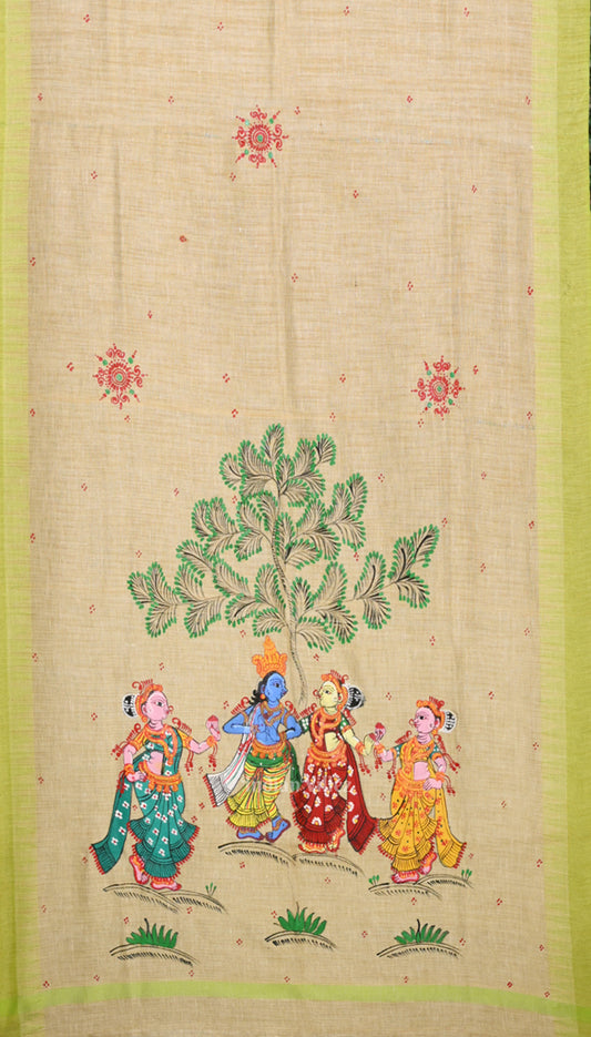 Cream Parrot Green Radha Krishna Hand-Painted Tussar Pattachitra Dupatta