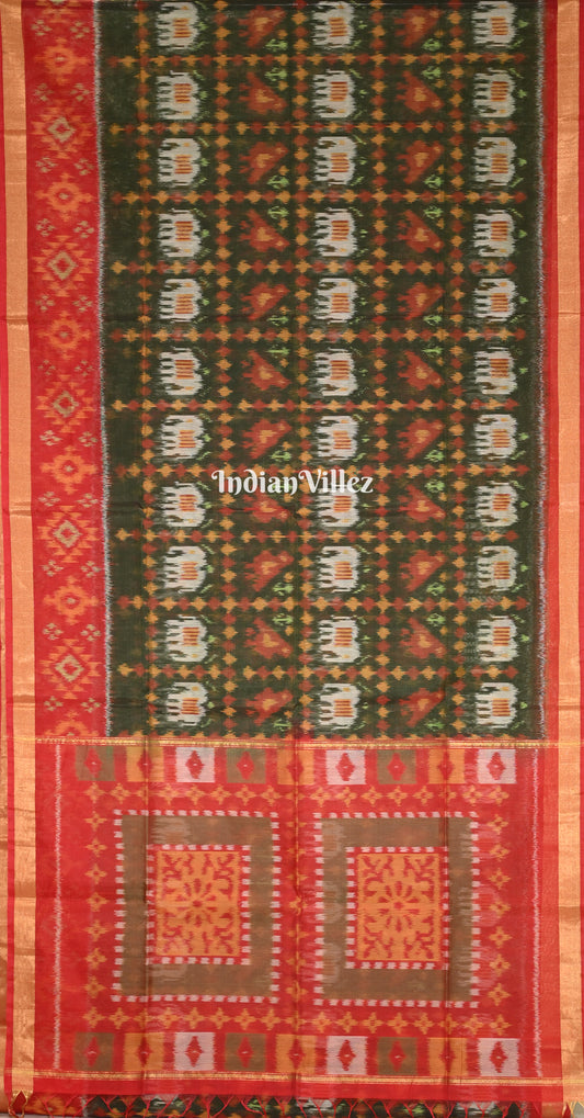 Olive Green Red Pochampally Ikat (Sico) Saree