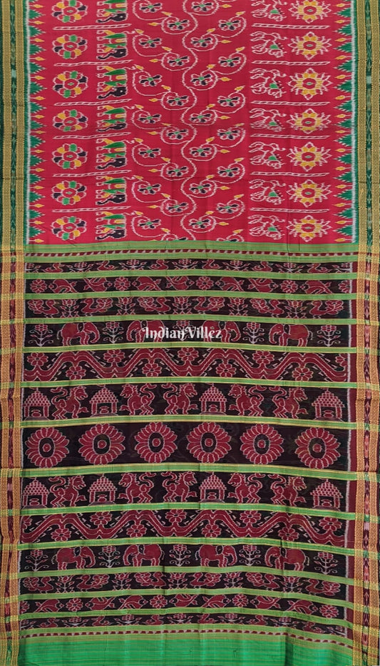 Red Elephant Flowers Khandua Silk Saree
