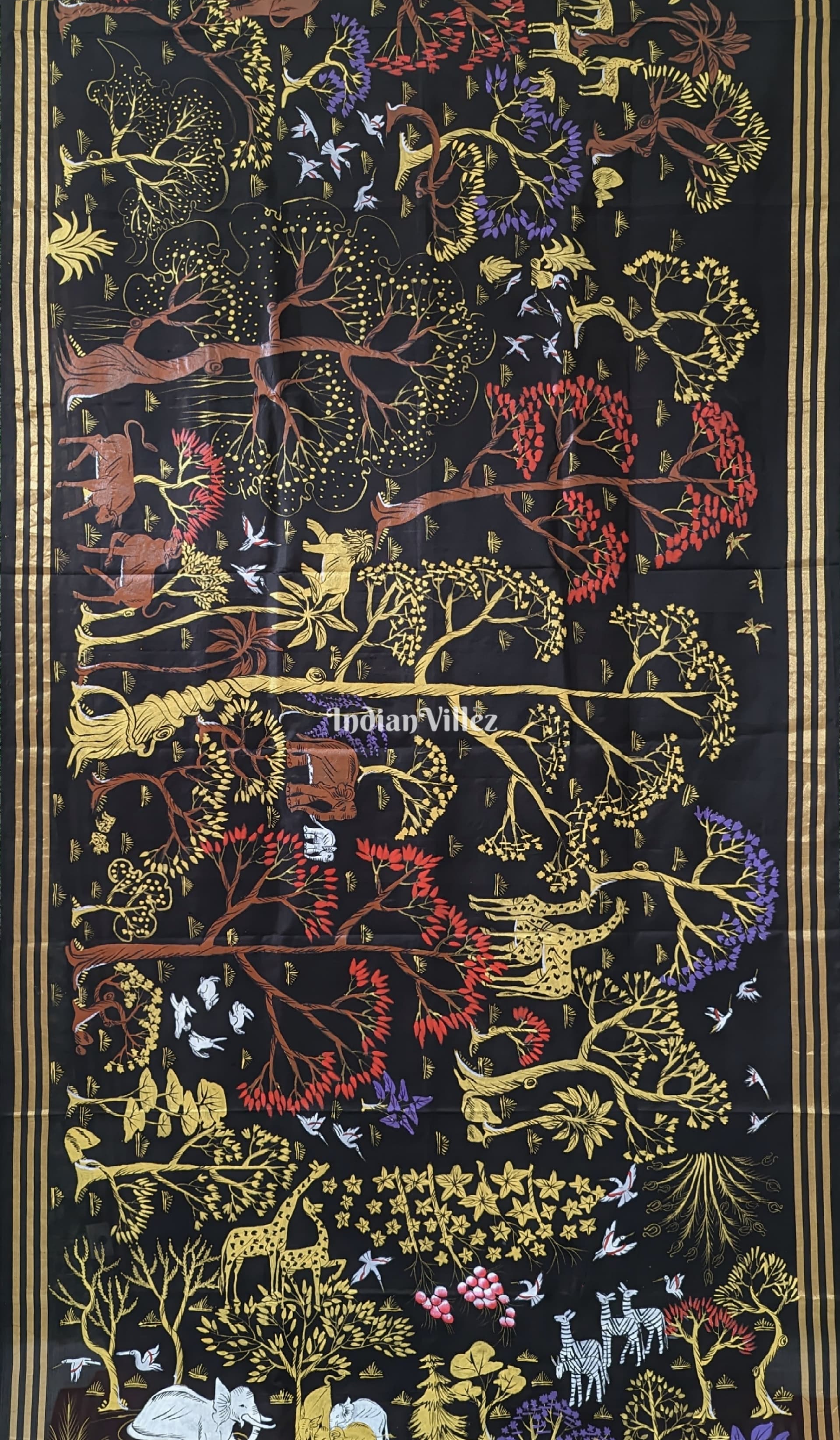 Black Jungle Theme Pattachitra Saree
