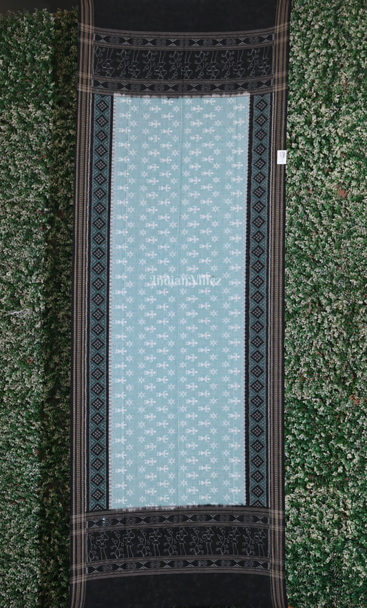 Light Blue Black Tribal Theme Sambalpuri Ikat Cotton Dupatta with Pasapali Border