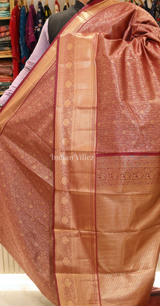 Exclusive Deep Maroon Gold Floral Pure Brocade Kanjivaram Silk Saree