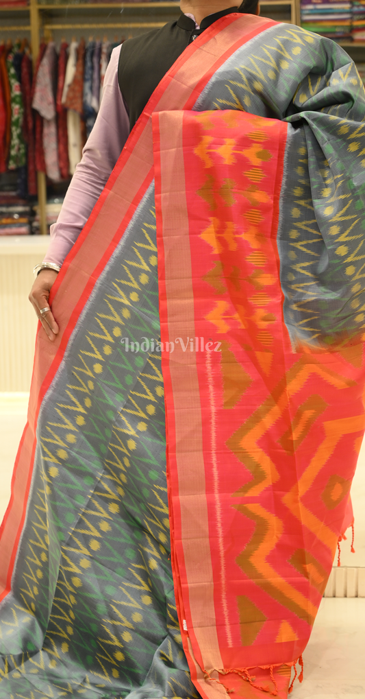 Grey Red Pochampally Ikat Silk Saree