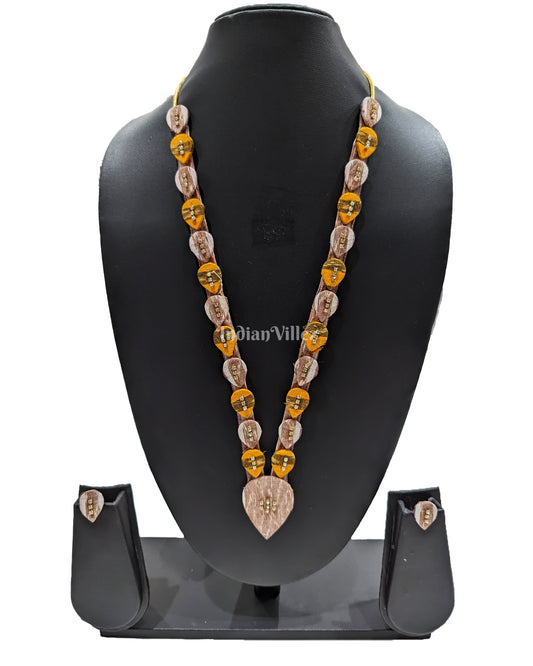 Beige Yellow Long Sambalpuri Fabric Choker Jewellery - Necklace & Earrings Set