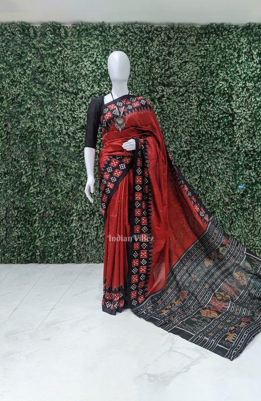 Red Single Butta Border Pasapali Contemporary Khandua Silk Saree