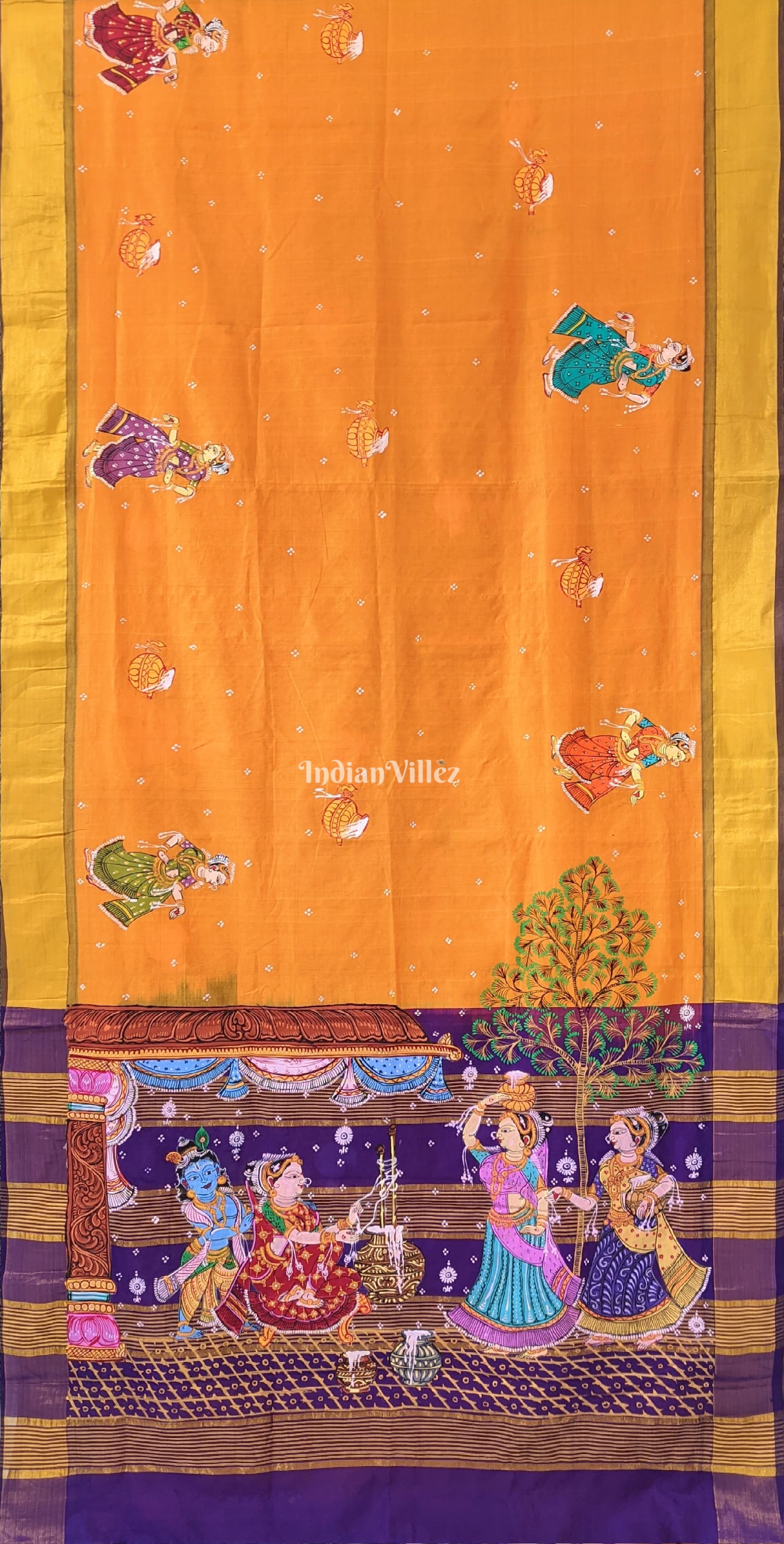 Orange Blue Krishna Theme Pattachitra Art on Kerala Silk Saree