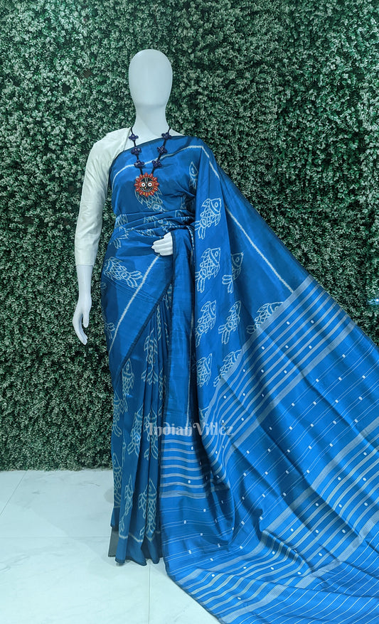 Sky Blue Fish Motif Odisha Ikat Contemporary Designer Saree