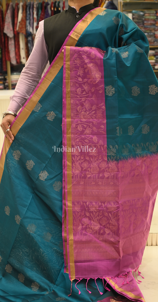 Teal Blue Pink Zari Pure Kanjivaram Soft Silk Saree
