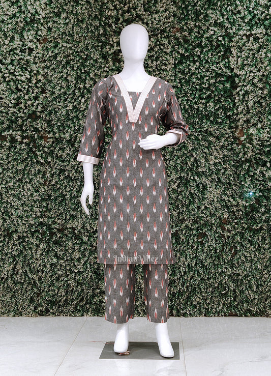 Gray Odisha Ikat Designer Cotton Kurti Set with Pallazo-(Co-Ords Set)