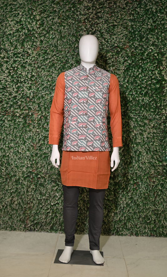 Grey Lotus Design Odisha Ikat Half Bandi Jacket for Men