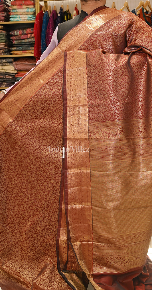 Dark Maroon Floral Pure Brocade Kanjivaram Silk Saree
