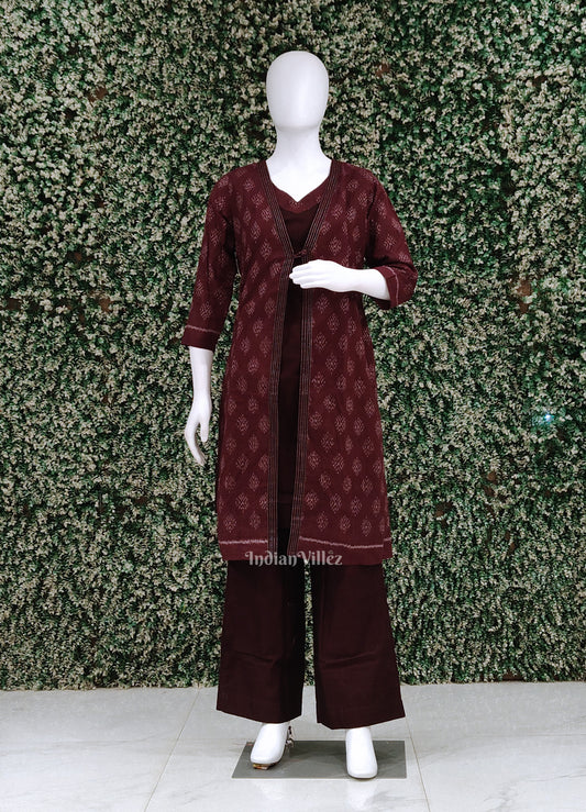 Coffee Odisha Ikat Designer Cotton Kurti Set with Jacket