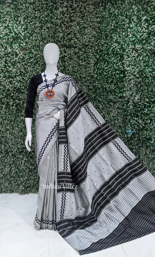 White Black Odisha Ikat Contemporary Designer Silk Saree