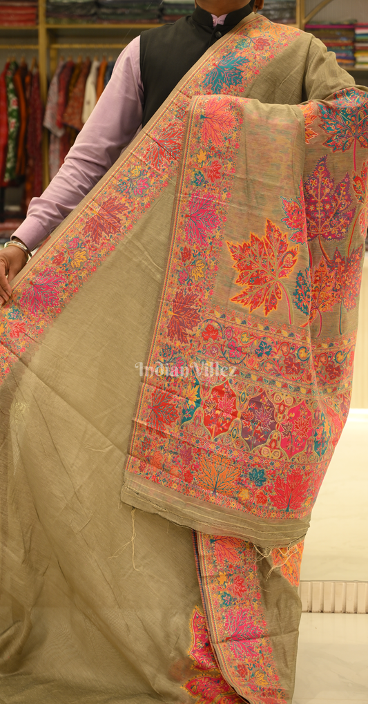 Mehendi Green Tree of Life Pure Kashmiri Cotton Pashmina Saree