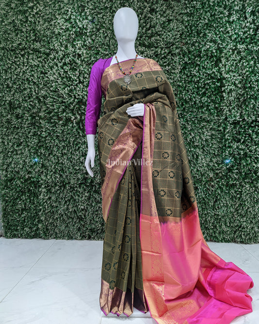 Green Checked Kanchipuram Silk Saree