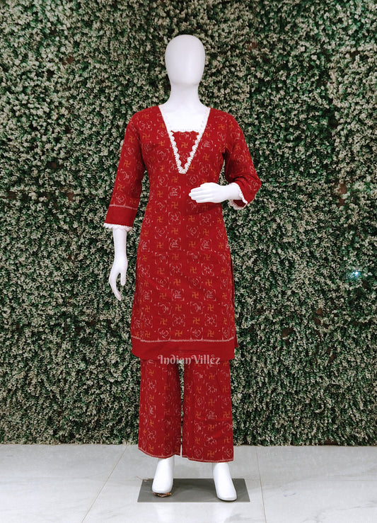 Red Swastik Odisha Ikat Designer Cotton Kurti with Palazzo