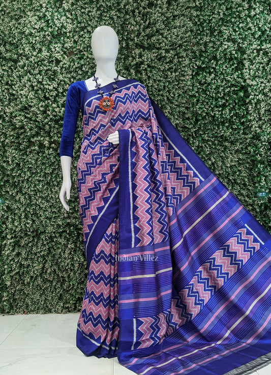 Baby Pink Blue Waves Odisha Ikat Contemporary Designer Saree