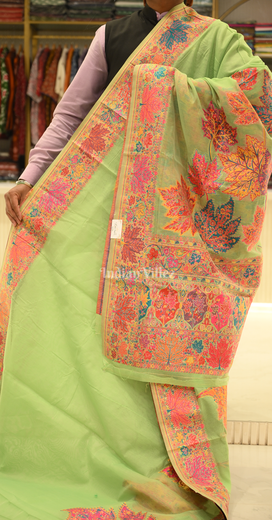 Parrot Green Tree of Life Pure Kashmiri Cotton Pashmina Saree