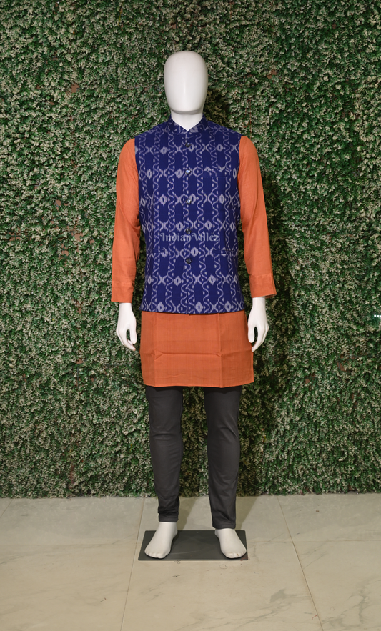 Blue Odisha Ikat Half Bandi Jacket for Men
