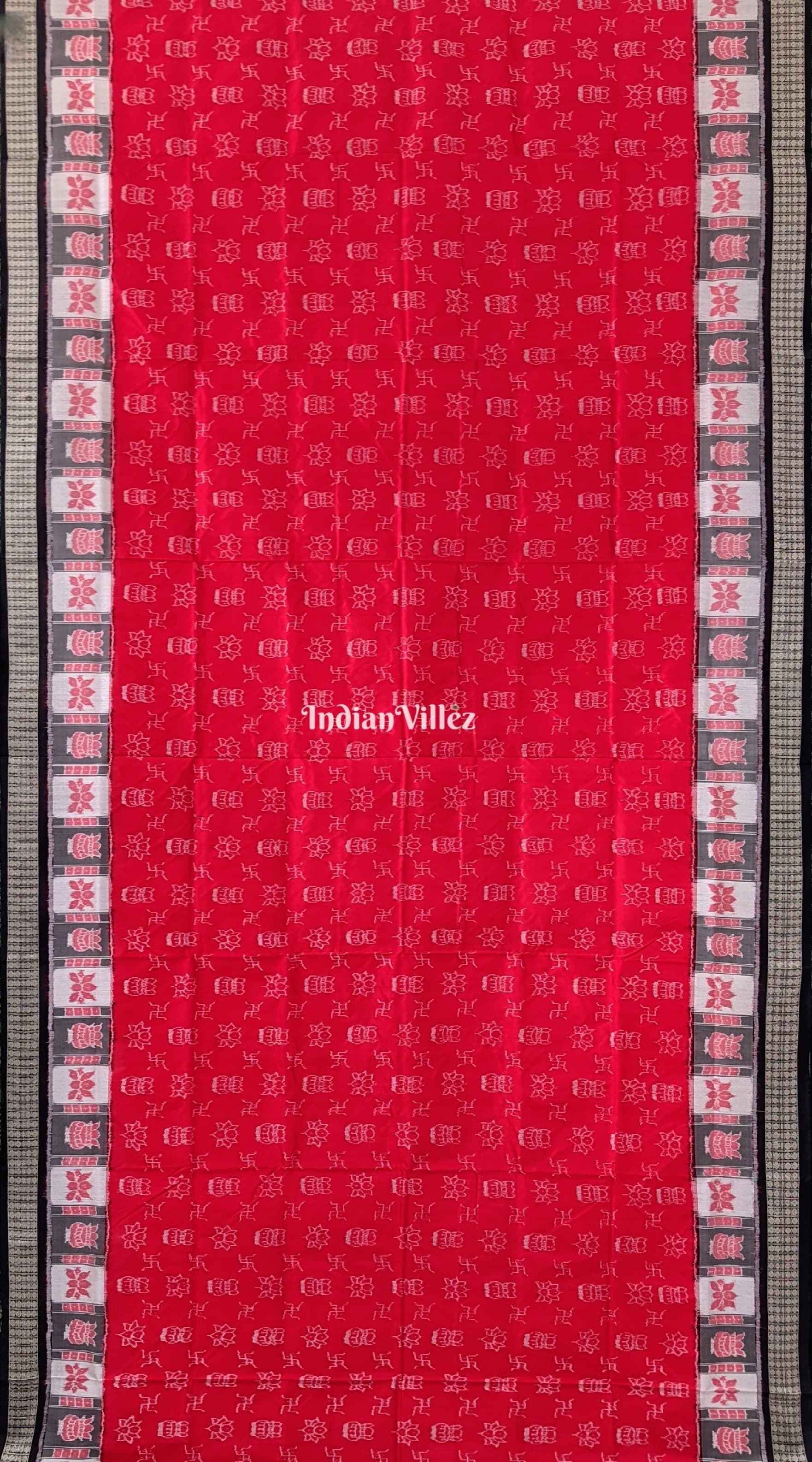 Red Swastik Kumbha Design Sambalpuri Silk Saree