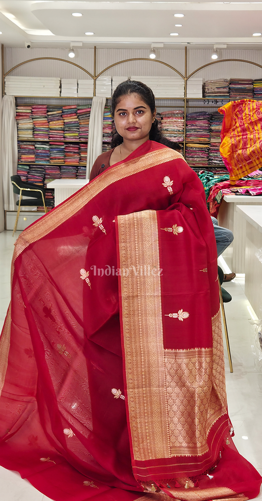 Maroon Golden Pure Kora Organza Banarasi Silk saree