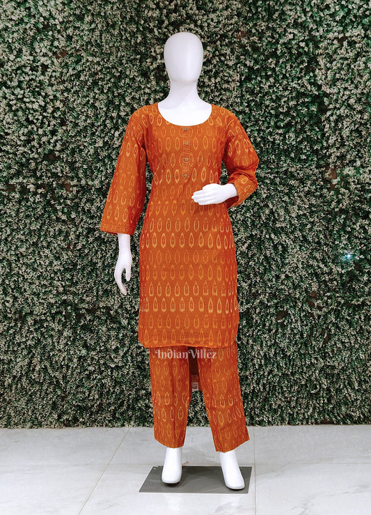 Orange Pochampally Designer Cotton Kurti Set with Pallazo (Co-Ords Set)