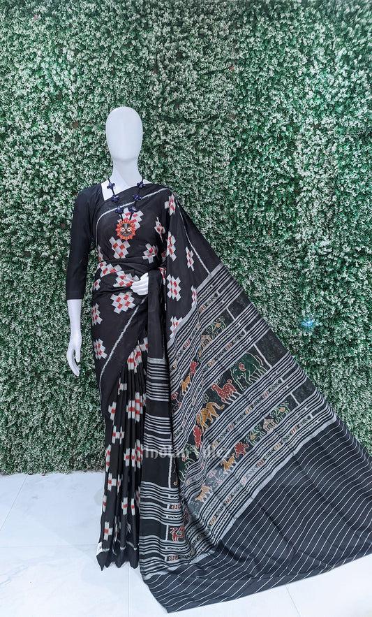 Black Red Pasapali Odisha Ikat Contemporary Designer Silk Saree