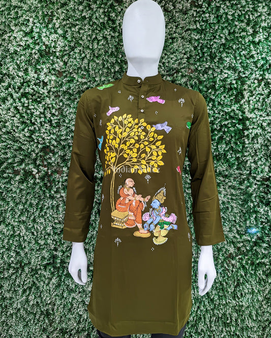 Moss Green Krishan Washing Sudama Feet Hand-Painted Pattachitra Kurta