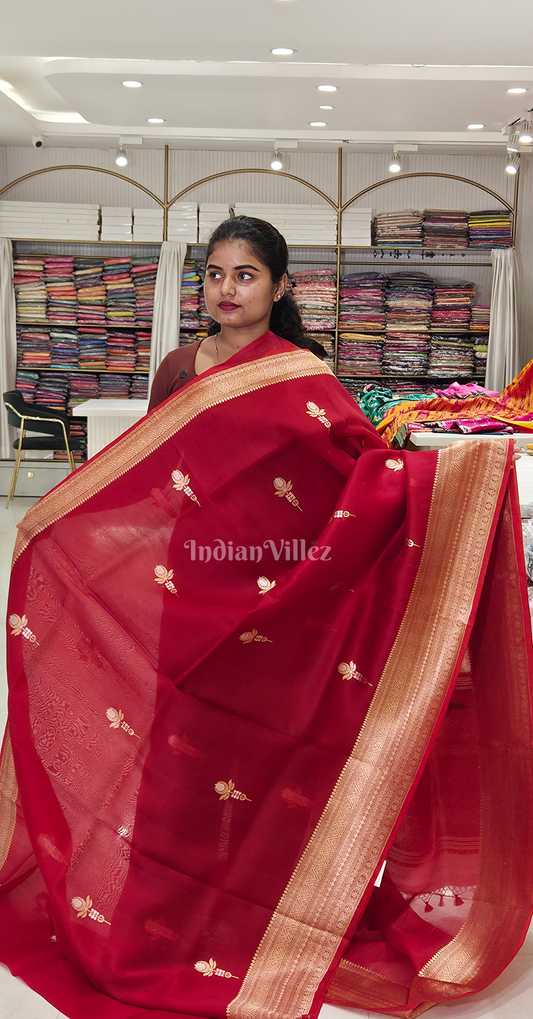 Maroon Golden Pure Kora Organza Banarasi Silk saree
