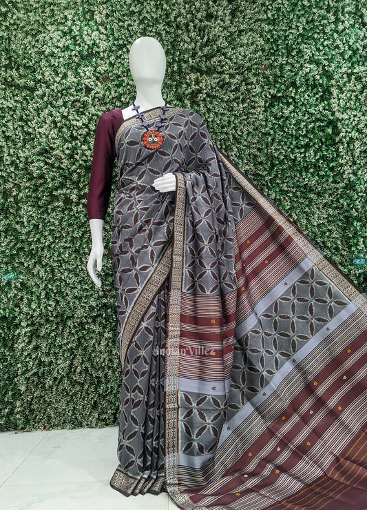 Cement Gray Maroon Floral Motif Sambalpuri Silk Saree