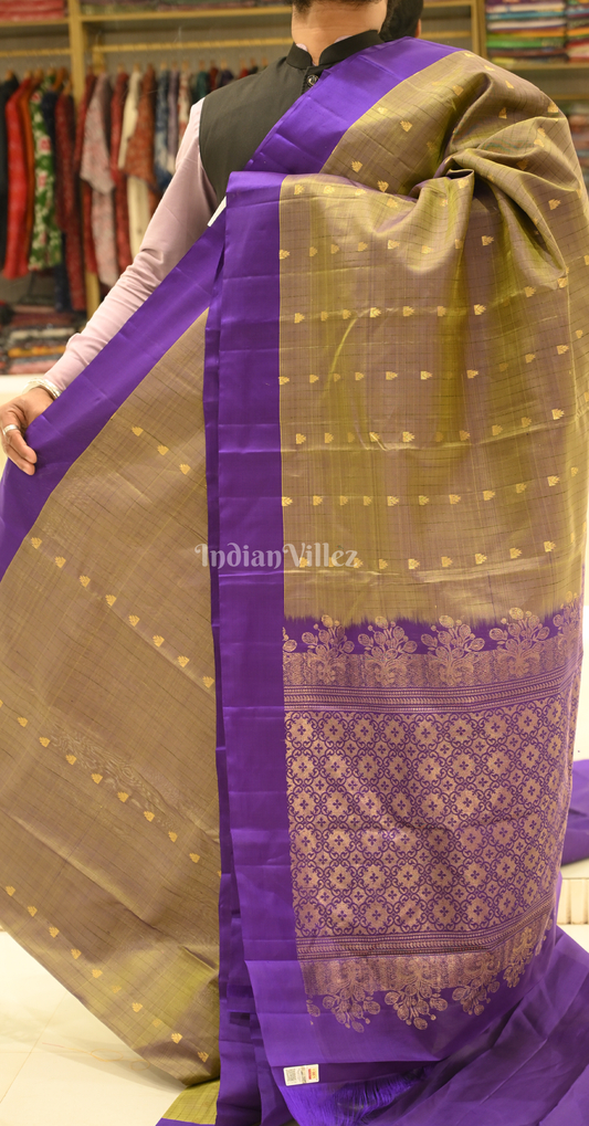 Olive Green Purple Buti Design Zari Pure Kanjivaram Soft Silk Saree