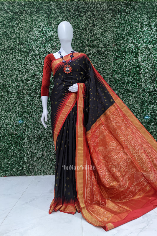 Black Red Fish Motif Sambalpuri Silk Saree with Tissue Anchal