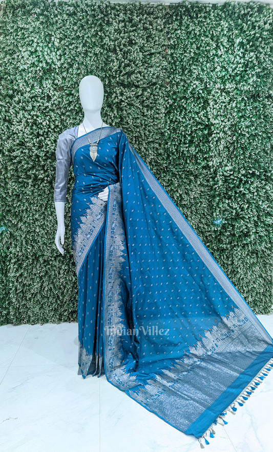 Peacock Blue Handwoven Banarasi Katan Silk Saree with Kashi Ghat Weaves