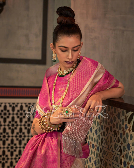 Pink & Chan Pure Zari Base Chaap Hand Woven Kanjivaram Silk Saree