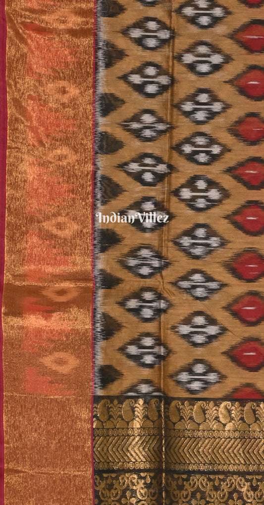 Beige Black Pochampally Ikat (Sico) Saree