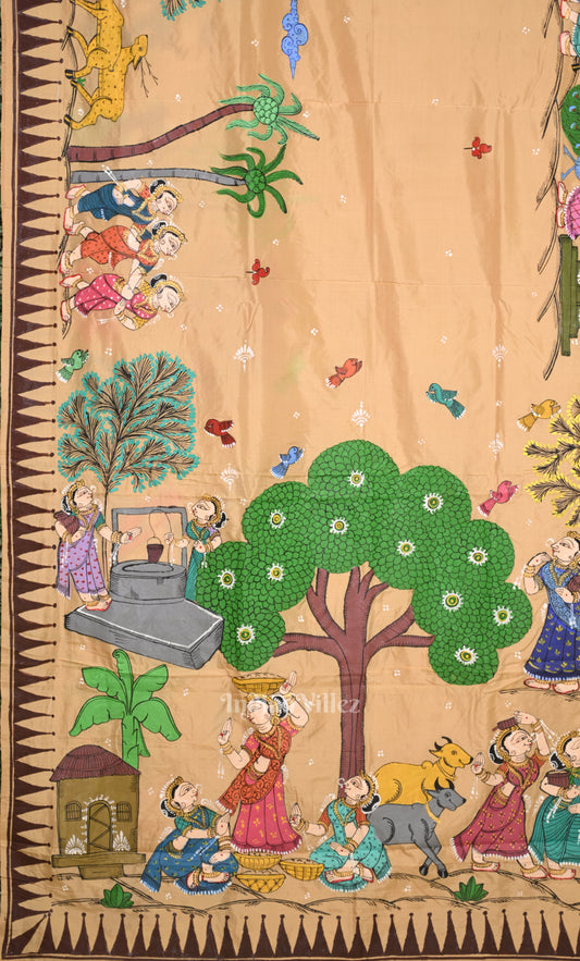 Beige Village Theme Hand-Painted Pattachitra Saree