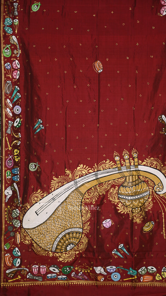 Maroon Sitar Instrument Pattachitra Silk Saree