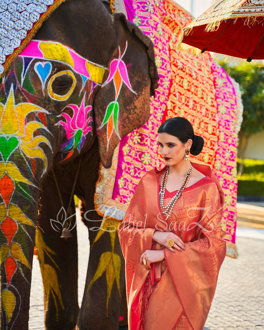 Red Royal Jacquard Tissue Banarasi Self Weaving with all over body work
